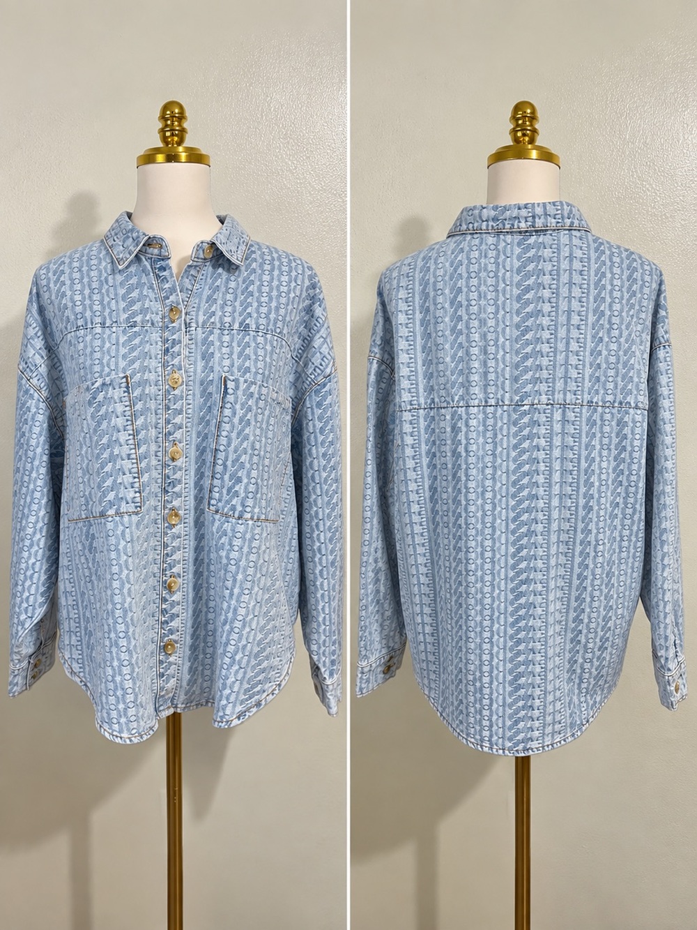 Veveret Denim Abstract Print Button Top M Oversized Boho Artwear Modern Shacket